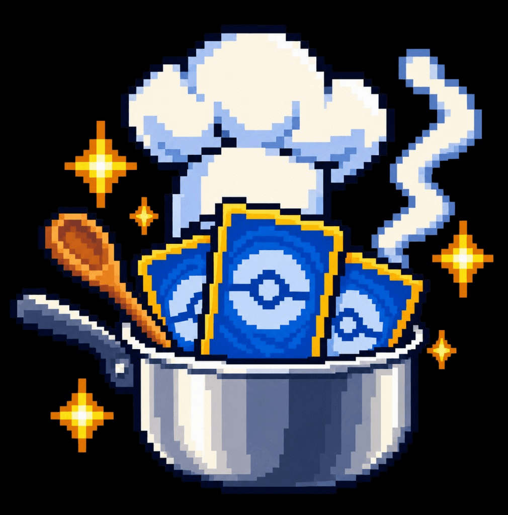 Logo Deck Kitchen: cartas de Pokémon em uma panela